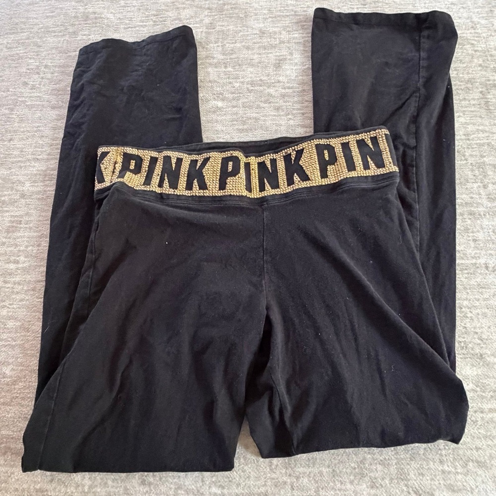 Victoria Secret PINK Yoga Pants L Black Leggings Gold Logo Wide Waist